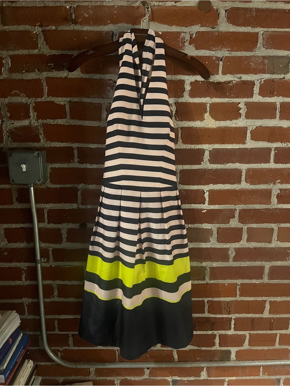 Ted Baker Striped Halter Midi Dress in Black, Cream & Neon Yellow